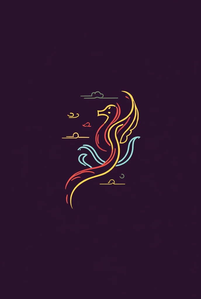 Design a minimalist logo featuring Nuwa soaring, using smooth lines and dynamic shapes.
Color scheme: Purple as the background, with yellow, blue, and red as the main line colors.
The lines should be smooth and powerful, conveying a sense of flight and strength.
Incorporate elements of Nuwa's mythology, such as dragon shapes or clouds, to express mystery and dynamism.