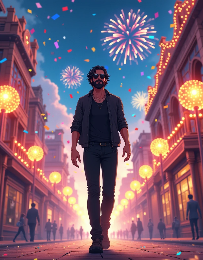 Create a anime style landscape image. Vibrant and dynamic image featuring a man walking confidently down a festive street. The man has a medium skin tone, a full beard, and dark, wavy hair. He is wearing a black shirt and black jeans pant, black shoes, black sunglass. The background is filled with colorful confetti and fireworks, creating a celebratory atmosphere. The street is illuminated with bright lights, and there are buildings and decorations visible on both sides. The overall scene is lively and energetic, capturing a moment of joy and celebration.