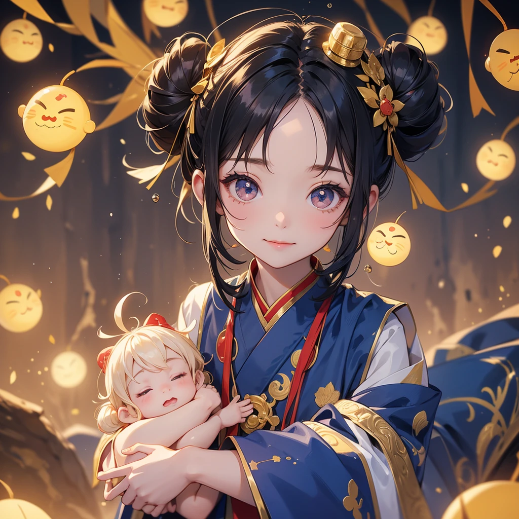 A chibi child girl had a small face and Wearing a little Taoist priest's outfit. A pair of big round eyes shone with curiosity about him. This child was so cute! , Burning joss paper and gold paper for the departed spirits in front of the house, raindrops are falling down, her hair is black with two buns on her hair.small chibi, chibi baby, smiling.
The little chibi baby looked up with his chest raised, and his face was old and proud.