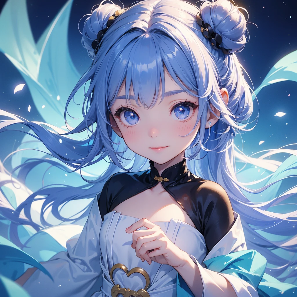 A chibi child girl had a small face and Wearing white little Taoist priest's outfit. A pair of big round eyes shone with curiosity about him. This child was so cute! ,her hair is black with two buns on her hair.small chibi, chibi baby, smiling,The little chibi baby looked up with his chest raised, and his face was old and proud.
Strolling among the nemophila fields Glowing blue.