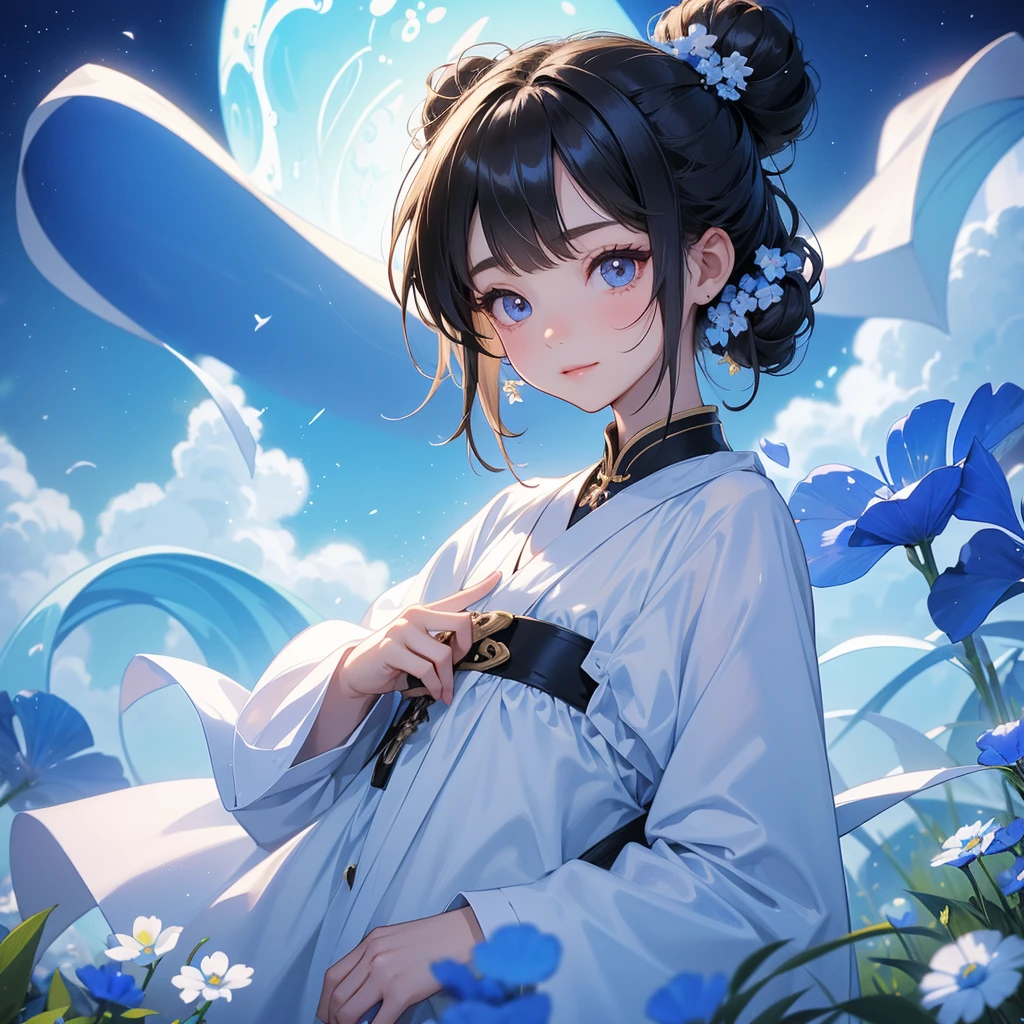 A chibi child girl had a small face and Wearing white little Taoist priest's outfit. A pair of big round eyes shone with curiosity about him. This child was so cute! ,her hair is black with two buns on her hair.small chibi, chibi baby, smiling,The little chibi baby looked up with his chest raised, and his face was old and proud.
Strolling among the nemophila fields Glowing blue.