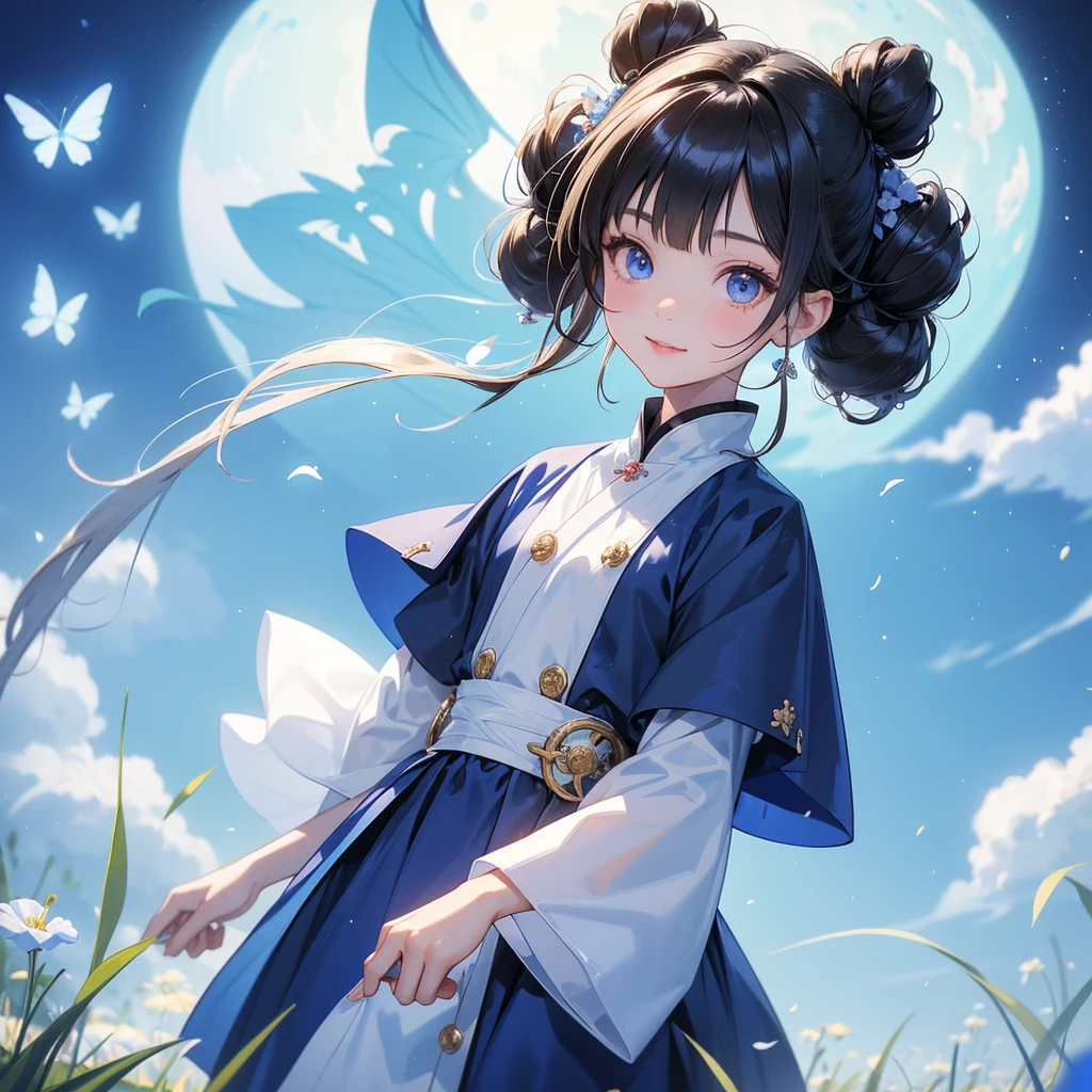 A chibi child girl had a small face and Wearing white little Taoist priest's outfit. A pair of big round eyes shone with curiosity about him. This child was so cute! ,her hair is black with two buns on her hair.small chibi, chibi baby, smiling,The little chibi baby looked up with his chest raised, and his face was old and proud.
Strolling among the nemophila fields Glowing blue.