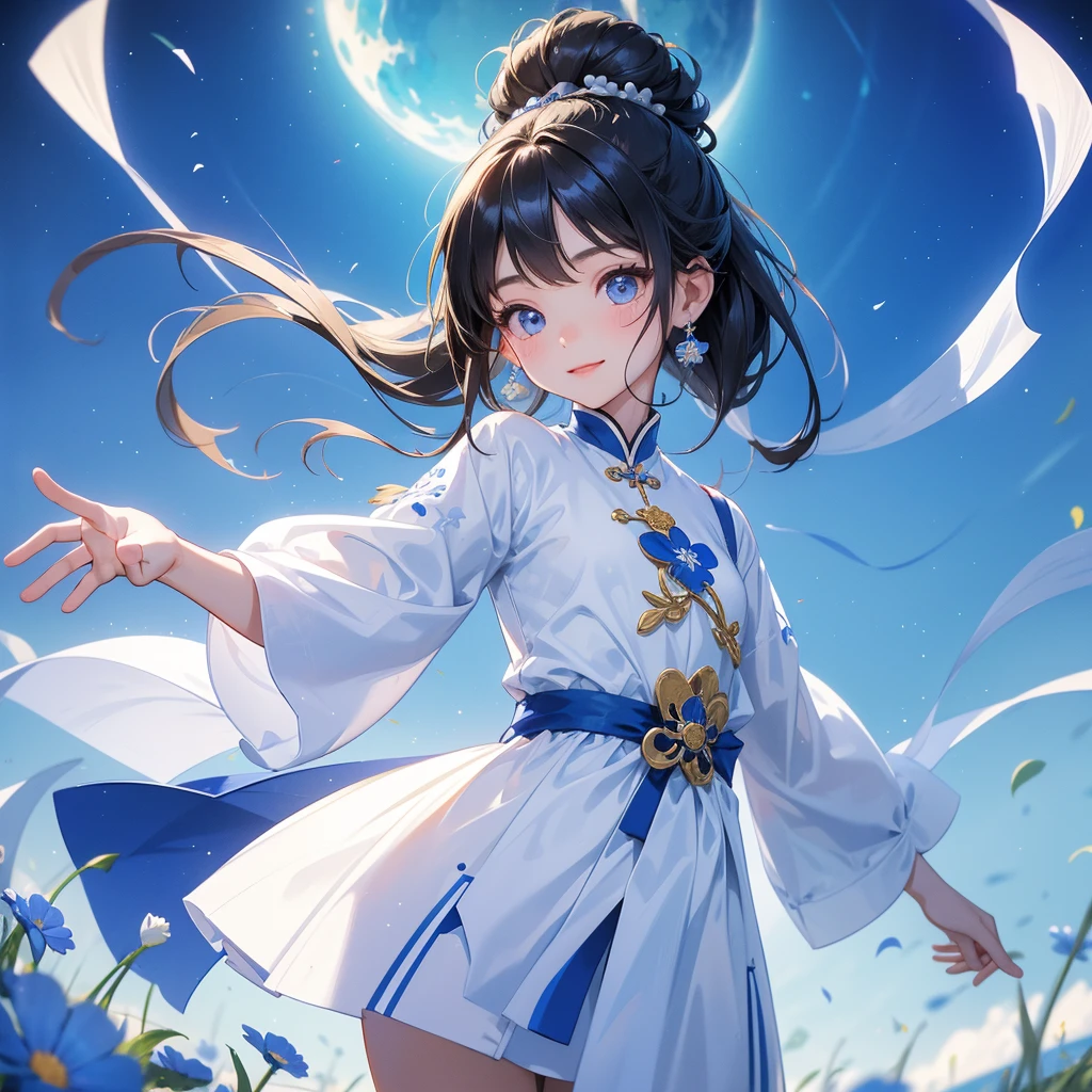 A chibi child girl had a small face and Wearing white little Taoist priest's outfit. A pair of big round eyes shone with curiosity about him. This child was so cute! ,her hair is black with two buns on her hair.small chibi, chibi baby, smiling,The little chibi baby looked up with his chest raised, and his face was old and proud.

Strolling among the nemophila fields Glowing blue.


