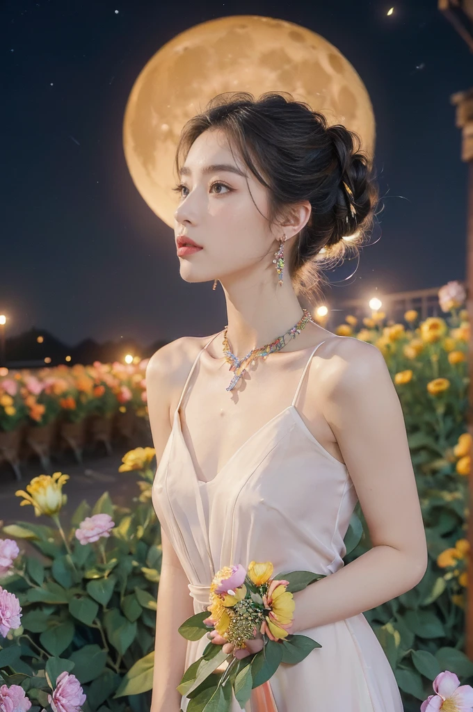(((best quality))),(((ultra detailed))),(((masterpiece))),illustration,((1 beautiful girl,solo)),(neat chignon:1.2),((earrings,crystal necklace)),((slim,thin)),((small breasts,flat chest)),(slender legs:1.2),(stockings:1.3),(a moon in the clear night sky as the background:1.3), gentle glow,(Standing in the world full of vibrant flowers:1.3),(arms behind back:1.2),(gorgeous dress:1.3),sparkling eyes,graceful,(surrounded by crowded colorful flowers:1.5), kaleidoscope, shimmer,bright moonlight, delicate petals, fragrance, otherworldly, magical realm, enchantment, tranquility, essence of beauty, peace,(outdoor:1.),(night scene:1.3),((from front,upper body))
