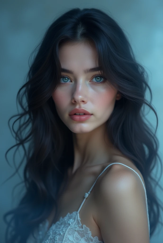 (photorealism:1.2), beautiful woman rusian a beautiful girl with dark hair, blue eyes, long wavy black hair, blue haze