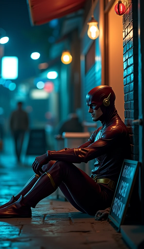 The Flash is sitting cross-legged and leaning against a wall in a traditional Indonesian market at night. Next to him, a small blackboard reads "Menerima Jasa Pengiriman" adding a local touch to the scene. He looks incredibly dashing in his iconic suit, with the cinematic lighting casting deep blue and grey tones that enhance the atmosphere. The image is captured from a side view, highlighting The Flash's relaxed yet ready posture. The scene is rendered with high realism and detail, showcasing the textures of his suit, the blackboard, and the surrounding market environment. The image is presented in ultra-high-definition, 16k resolution, capturing every detail with exceptional clarity and depth.