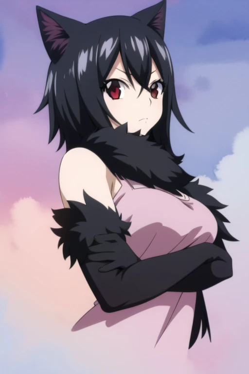 masterpiece, best quality, sketch, 1girl, solo, looking at viewer, upper body, , (watercolor illustration, soft pastel colors:1.1), , black hair, red eyes, dark skintone , black fur, High definition, fairy_tail_style