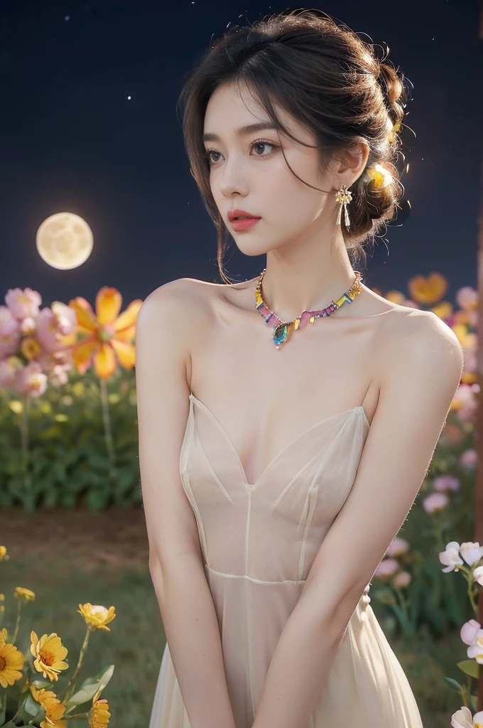 (((best quality))),(((ultra detailed))),(((masterpiece))),illustration,((1 beautiful girl,solo)),(neat chignon:1.2),((earrings,crystal necklace)),((slim,thin)),((small breasts,flat chest)),(slender legs:1.2),(stockings:1.3),(a moon in the clear night sky as the background:1.3), gentle glow,(Standing in the world full of vibrant flowers:1.3),(arms behind back:1.2),(gorgeous sheer dress:1.3),sparkling eyes,graceful,(surrounded by crowded colorful flowers:1.5), kaleidoscope, shimmer,bright moonlight, delicate petals, fragrance, otherworldly, magical realm, enchantment, tranquility, essence of beauty, peace,(outdoor:1.),(night scene:1.3),((from front,upper body))