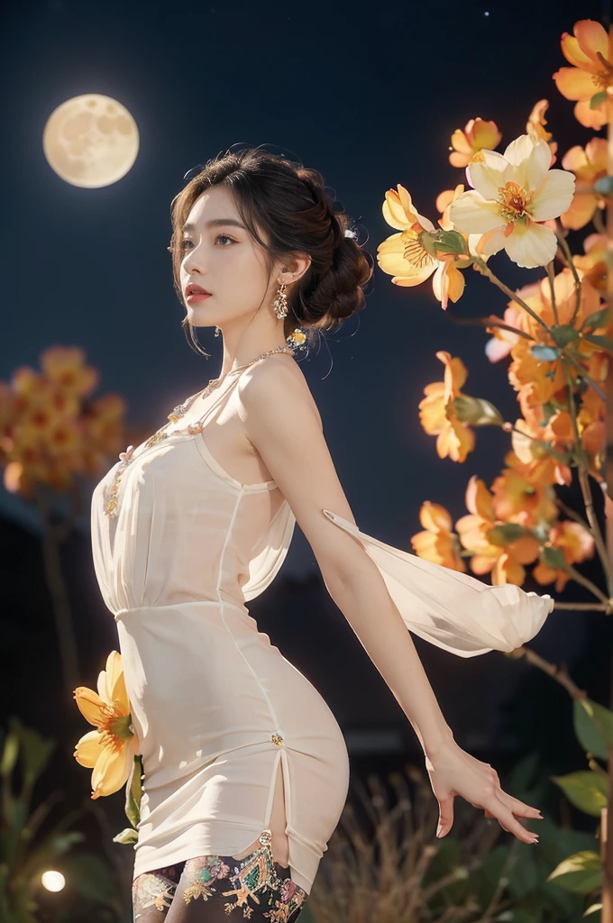 (((best quality))),(((ultra detailed))),(((masterpiece))),illustration,((1 beautiful girl,solo)),(neat chignon:1.2),((earrings,crystal necklace)),((slim,thin)),((small breasts,flat chest)),(slender legs:1.2),(stockings:1.3),(a moon in the clear night sky as the background:1.3), gentle glow,(Standing in the world full of vibrant flowers:1.3),(arms behind back:1.2),(gorgeous sheer dress:1.3),sparkling eyes,graceful,(surrounded by crowded colorful flowers:1.5), kaleidoscope, shimmer,bright moonlight, delicate petals, fragrance, otherworldly, magical realm, enchantment, tranquility, essence of beauty, peace,(outdoor:1.),(night scene:1.3),((from front,upper body))