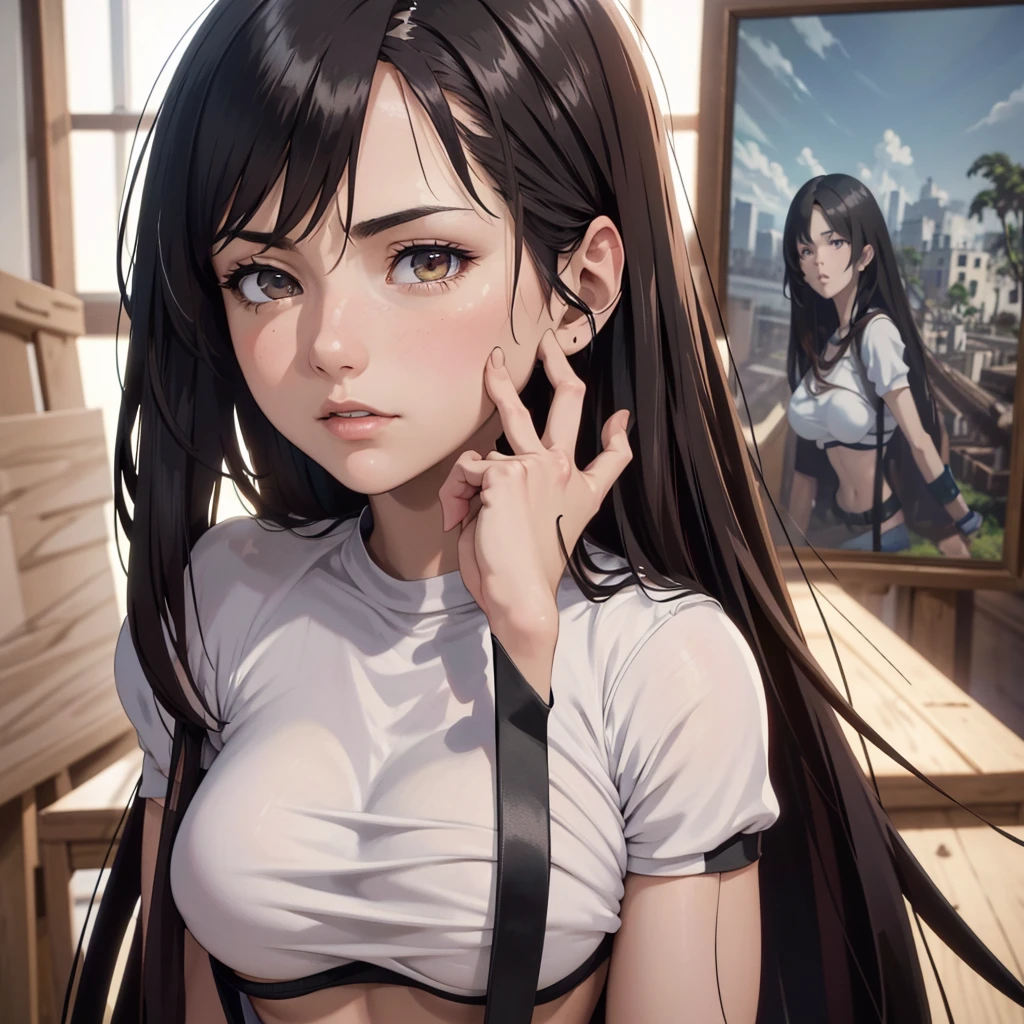 (best quality,4k,8k,highres,masterpiece:1.2),ultra-detailed,(realistic,photorealistic,photo-realistic:1.37),HDR,UHD,studio lighting,ultra-fine painting,sharp focus,physically-based rendering,extreme detail description,professional,vivid colors,bokeh,portraits Tifa Lockhard from ff7, climbing a sheer wall with her equipment (a massive 30-meter wall). She is of a seductive appearance, with a slender figure, long legs, and a large bust. Her eyes are fiery and captivating. The artwork is of the highest quality, with a resolution of 4k, 8k, or even higher. The level of detail is astonishing, making the image look extremely realistic and photorealistic. The lighting is carefully crafted to enhance the overall look and feel of the artwork. Mikasa's character is portrayed in a way that truly captures her essence. The colors are vibrant and lively, creating a visually stunning piece of art. The focus is razor-sharp, with every tiny detail beautifully rendered. The painting technique used is akin to ultra-fine painting, showcasing the artist's mastery. The artwork is created using physically-based rendering techniques, ensuring the highest level of realism. Every little detail is described with extreme precision, bringing the image to life. The overall composition and framing of the artwork are done by a professional artist, resulting in a masterpiece worthy of admiration. The artwork has a sense of depth and three-dimensionality, creating a captivating sense of immersion. The style of the artwork is focused on capturing the essence of portraits, highlighting Tifa's unique features and personality. The colors used in the artwork are carefully chosen to create a specific mood or atmosphere. The lighting in the artwork is meticulously crafted to enhance the overall look and feel of the scene. Nsfw