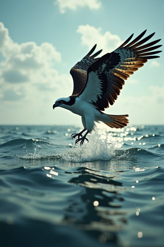 high quality, 8K Ultra HD,  clair obscur , balbuzard qui plonge dans la mer , photo prise en contre-plongée