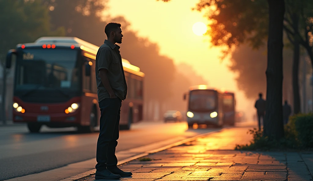 Peaceful Morning Reflection:** Aman standing on the sidewalk with a sense of calm as he reflects on the night’s events, the bus in the background looking ordinary and the morning sun providing a sense of closure