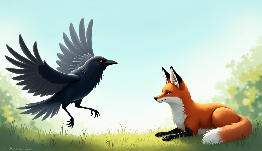 The crow flies: The crow is shown silently flying from its perch, and the fox sits with its eyes closed.