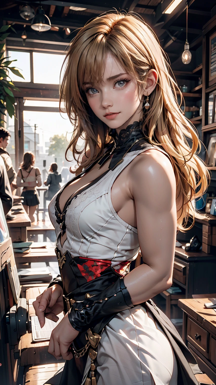 Blonde woman, dressed as dieselpunk, Model shooting style, (Highly detailed CG 8k wallpaper units), The most beautiful art photos in the world, A magnificent professional (photo shoot:Steve McCurry), 8K Ultra HD, Digital SLR, Soft lighting, high quality, Film Grain, Fujifilm XT3 Sharp focus, 5 ....6, Attention to detail, Sharp focus, dramatic, (Wearing diselpunk clothes), (Looking at the audience:1.2), (Natural light), (Fascinating)