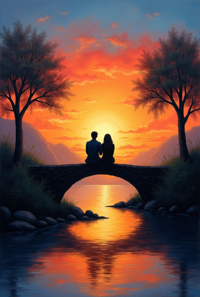 Make an easy sunset painting using oil pastel that has a bridge in the middle and there is a couple sitting in it,make the trees, bridge and the couple shadow or color black, add a little blue on the sunset 