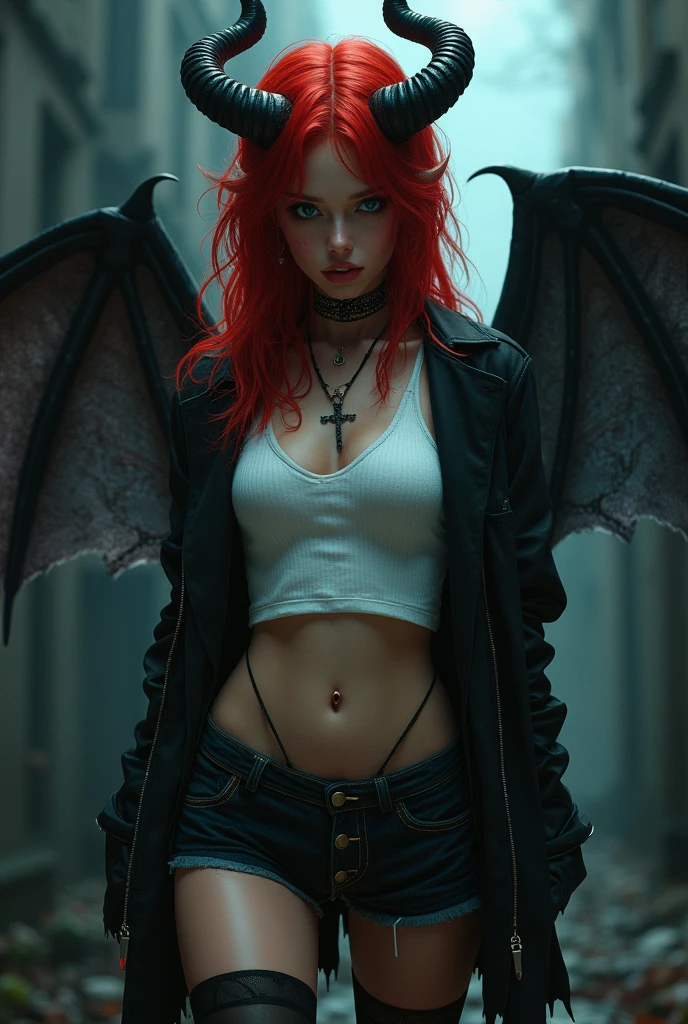 A sexy vampire goth girl with red hair, blue eye, beanie hat,wearing a white crop top and jacket with a belly button piercing, belly ring cross, black short jean, black long stockings and vampire wing, horned girl, devil horns, elf ears, cleavage, thigh, sexy