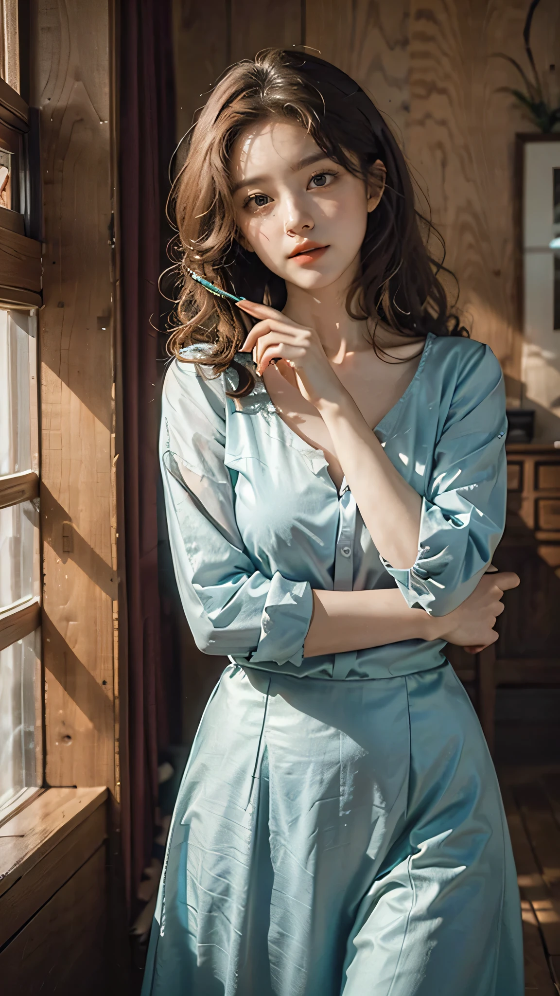 detailed background, masterpiece, best quality, 1 person , curly hair, long hair, purple eyes, star in eye , turquoise blouse, long skirt, cute different poses, indoor wood furniture ,light wood color,, upper body , collar design