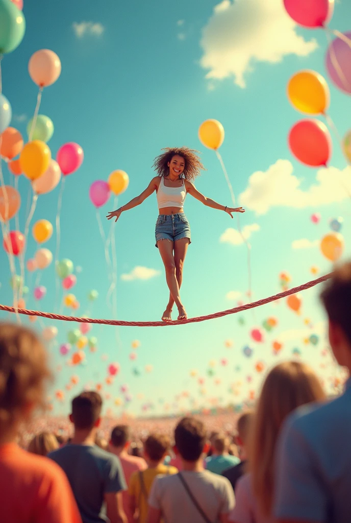 A person playfully balancing on a tightrope with colorful balloons, smiling confidently, while others struggle on the same rope, showing the power of a playful approach.