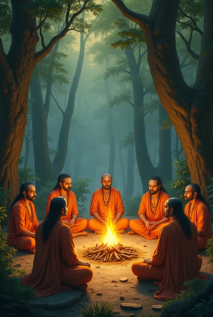 A gang of bramhana panditas on a forest sat in front of fire maken with wood