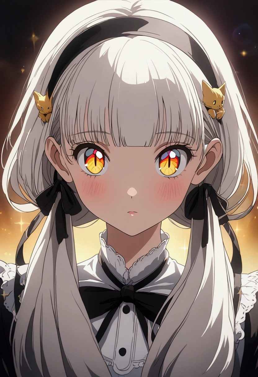 1girl, white hair,blunt bangs,blunt bangs,low twintails,yellow eyes,slit pupils,cat eyes,hairband, sparkle eyes, expecting,hair ribbon, black ribbon, black bowtie,anime moe artstyle,masterpiece, best quality, very aesthetic, absurdres,gapmoe yandere,anime style. 8k, girl, portrait of an anime girl, anime style portrait, anime waifu