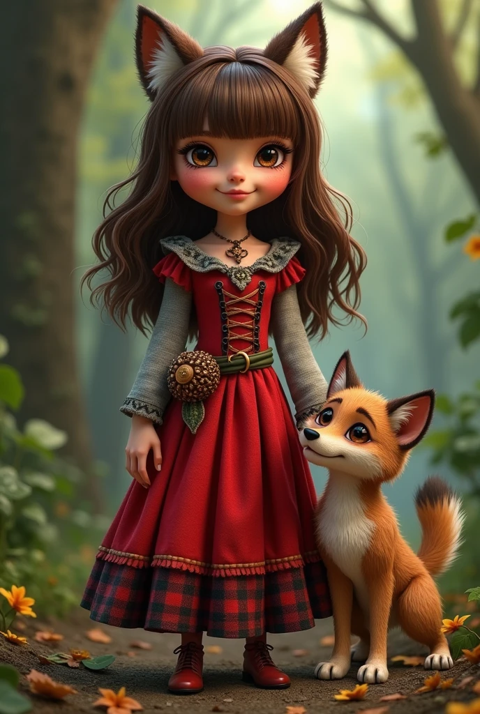 Imagem da filha da Cerise Hood e da Cedar Wood de Ever After High: You must have straight, wavy hair with brown bangs and white highlights., eyes browns, Light brown skin, big red hood, wolf's ears, red dress with gray details, with red and black checkered details on the top and red with gray on the bottom and with leaves, wooden elements on the clothing and with the wolf cub next to her