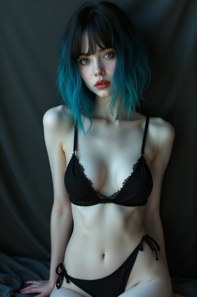 Femboy
 1 boy with pale white skin 
Emo hair style from blue to black 
Gothic makeup 
Male body 
Boy 
Effeminate man with feminine and fine features
Barefoot with black painted nails
Black painted toenails  
Lump
Between leg lump 
Wearing black lingerie dancing
