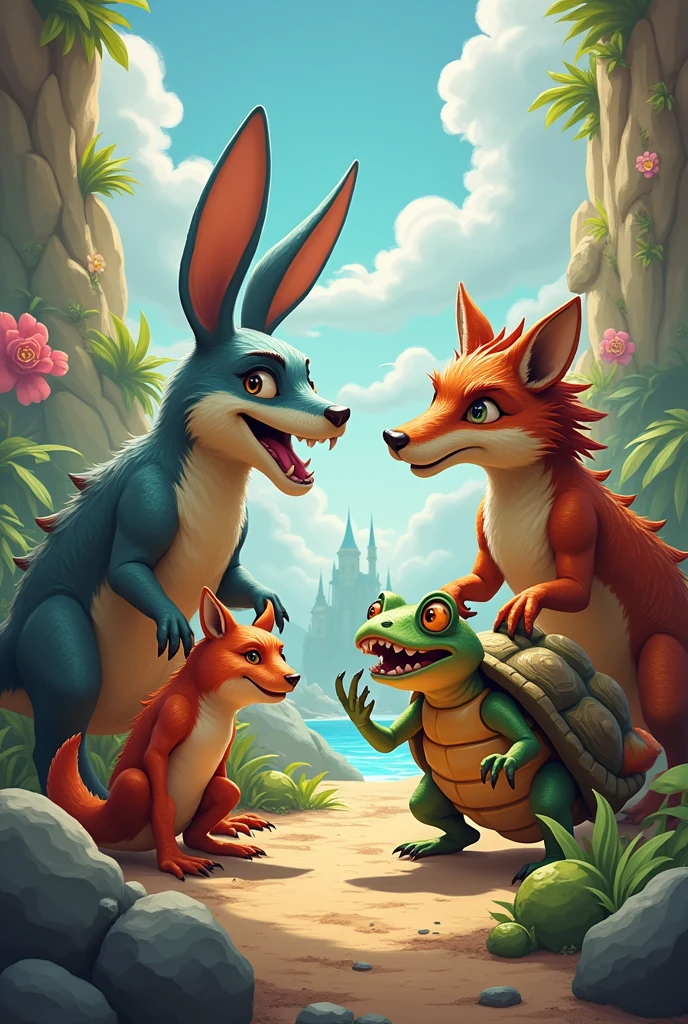 rabbit dinosaur wolf tortoise frog crab This are animal in one image