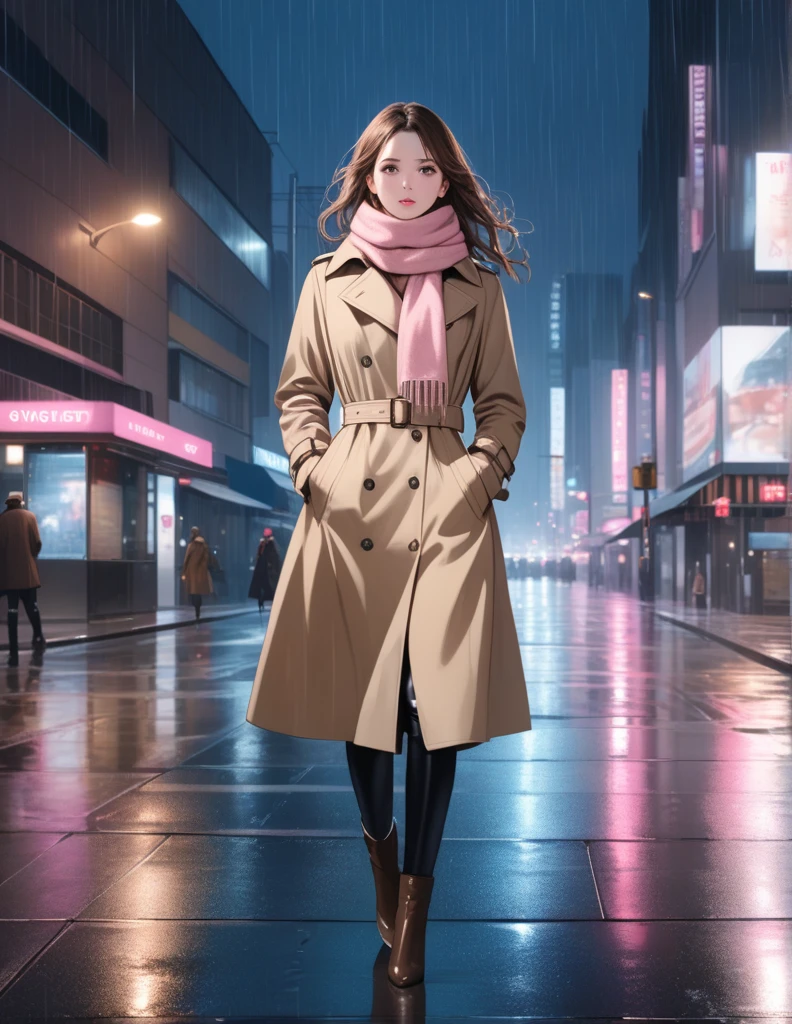 Masterpiece, hd, 1girl with long brown hair wearing a fully buttoned up closed and beige belted buckle knee-length trench coat with a tucked up large pink winter wool scarf and white gloves carrying her large pink purse blown by the hard wind at the hard rainy night city street full body 8k)