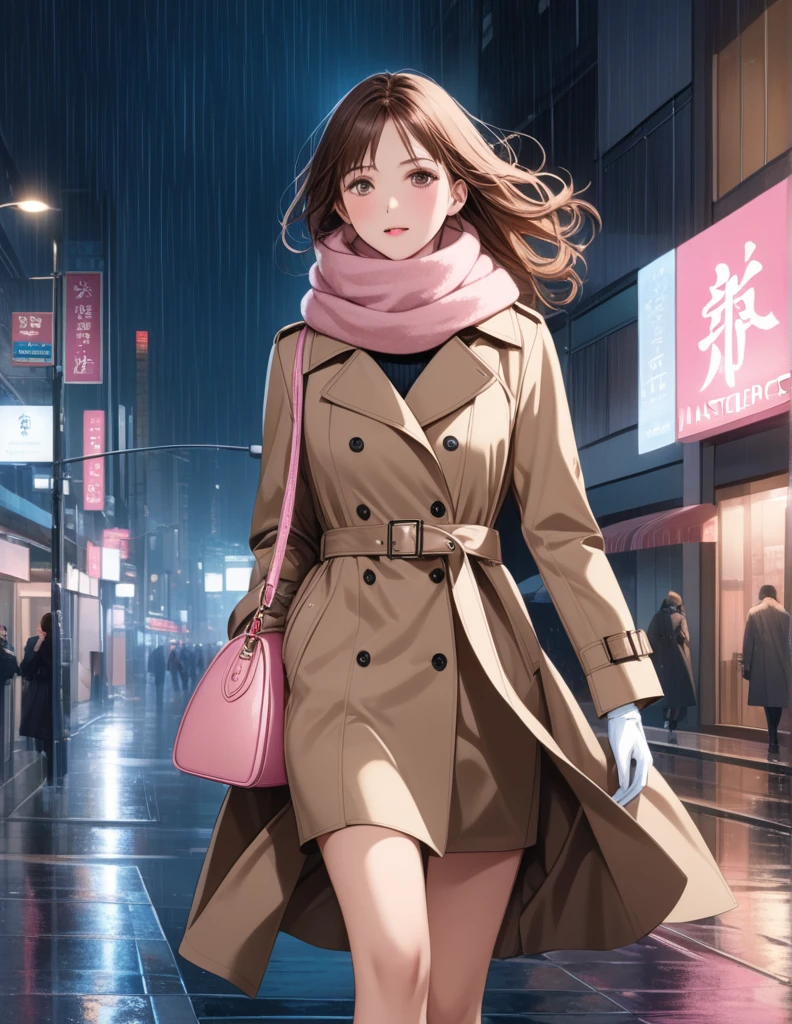 Masterpiece, hd, 1girl with long brown hair wearing a fully buttoned up closed and beige belted buckle knee-length trench coat with a tucked up large pink winter wool scarf and white gloves carrying her large pink purse blown by the hard wind at the hard rainy night city street full body 8k)