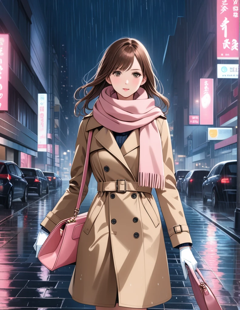 Masterpiece, hd, 1girl with long brown hair wearing a fully buttoned up closed and beige belted buckle knee-length trench coat with a tucked up large pink winter wool scarf and white gloves carrying her large pink purse blown by the hard wind at the hard rainy night city street full body 8k)