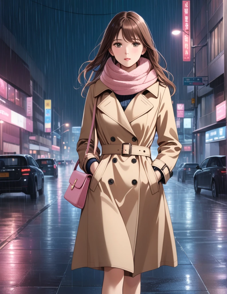 Masterpiece, hd, 1girl with long brown hair wearing a fully buttoned up closed and beige belted buckle knee-length trench coat with a tucked up large pink winter wool scarf and white gloves carrying her large pink purse blown by the hard wind at the hard rainy night city street full body 8k)