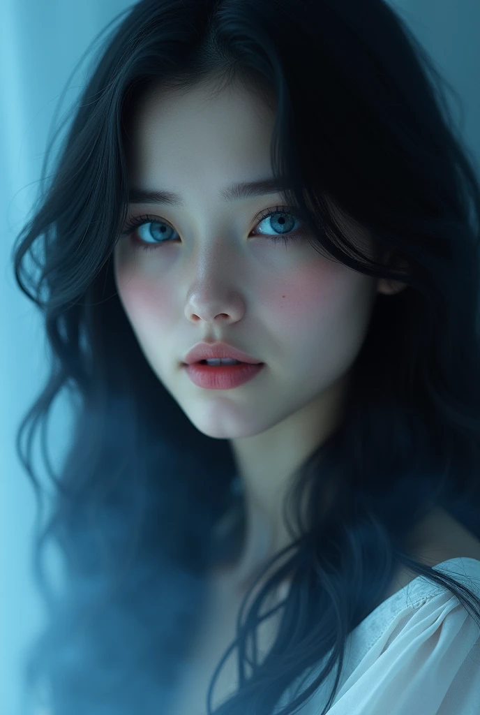 (photorealism:1.2), beautiful woman a beautiful girl with dark hair, blue eyes, long wavy black hair, blue haze