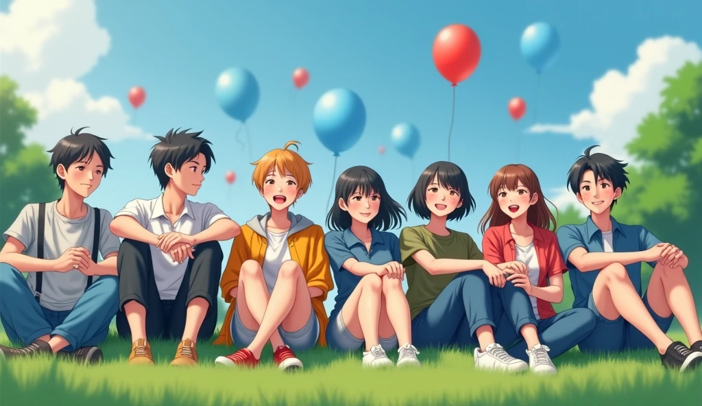 A group of fashionably dressed Japanese male and female college students are sitting on the grass, gazing into the distance with cheerful expressions,Excited, Photo of your face, Blue and red balloons floating in the background, with a natural look, With a slightly tired look, tilt your face a little, Diagonal orientation, Average face