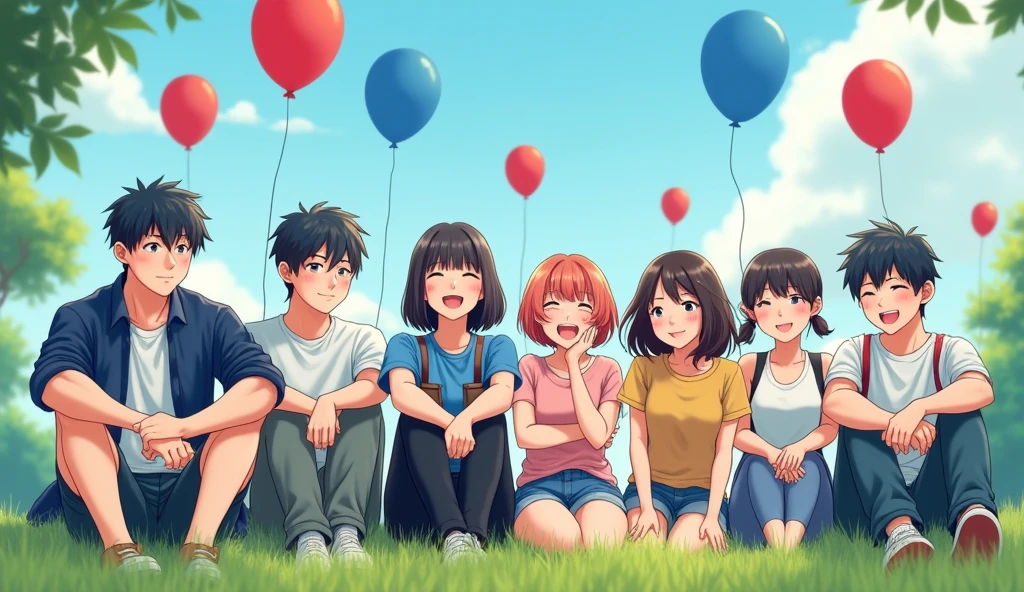 A group of fashionably dressed Japanese male and female college students are sitting on the grass, gazing into the distance with cheerful expressions,Excited, Photo of your face, Blue and red balloons floating in the background, with a natural look, With a slightly tired look, tilt your face a little, Diagonal orientation, Average face