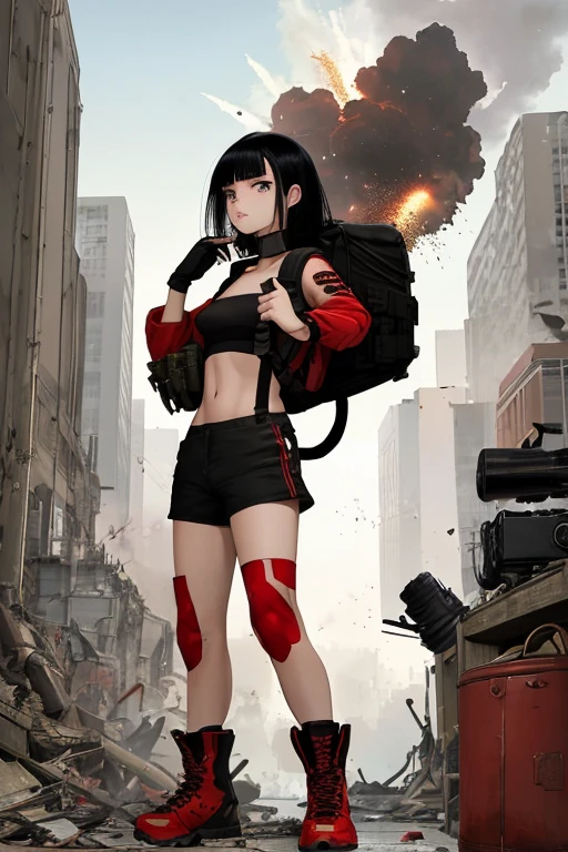Red military jumper, opening clothes, black tube top, mechanical gloves, camouflage shorts, mechanical shoes, backpack with engine, black hair, medium hair, city, explosion behind the scenes, spirited face, beautiful woman