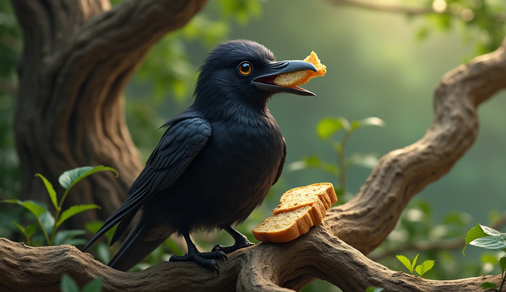 tree root: The crow sits on a new tree, and still has the same piece of bread in its mouth. He has a satisfied smile on his face.