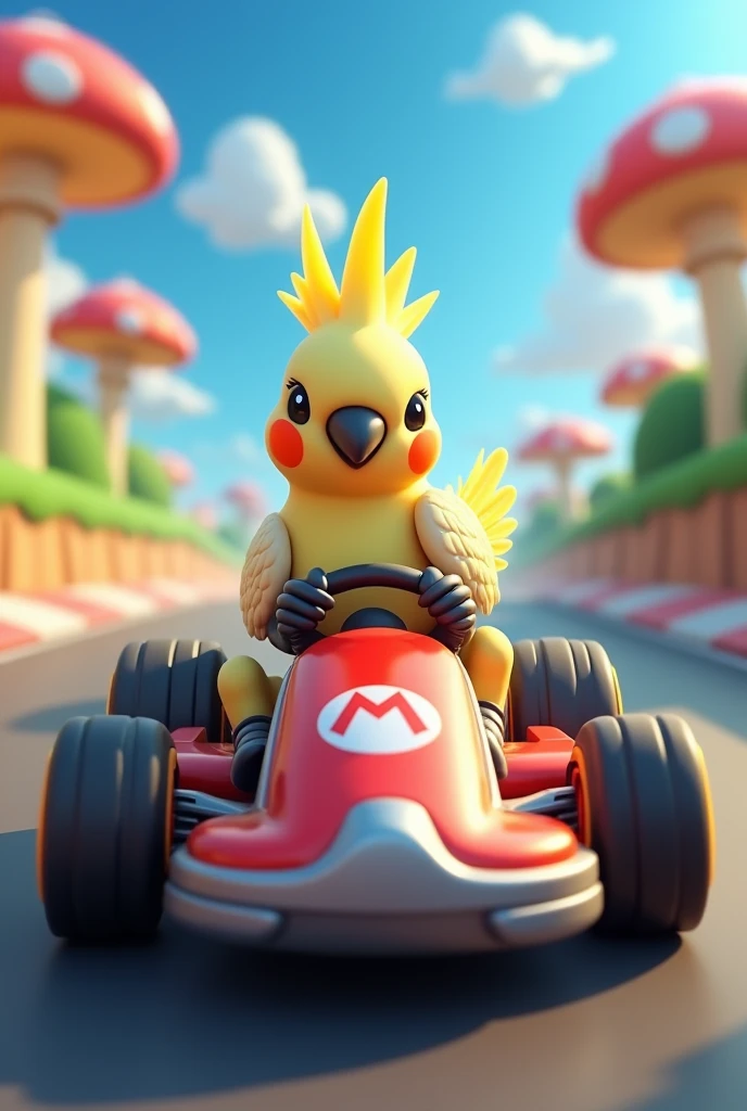 A stylish cockatiel on a kart like it's in Mario Kart