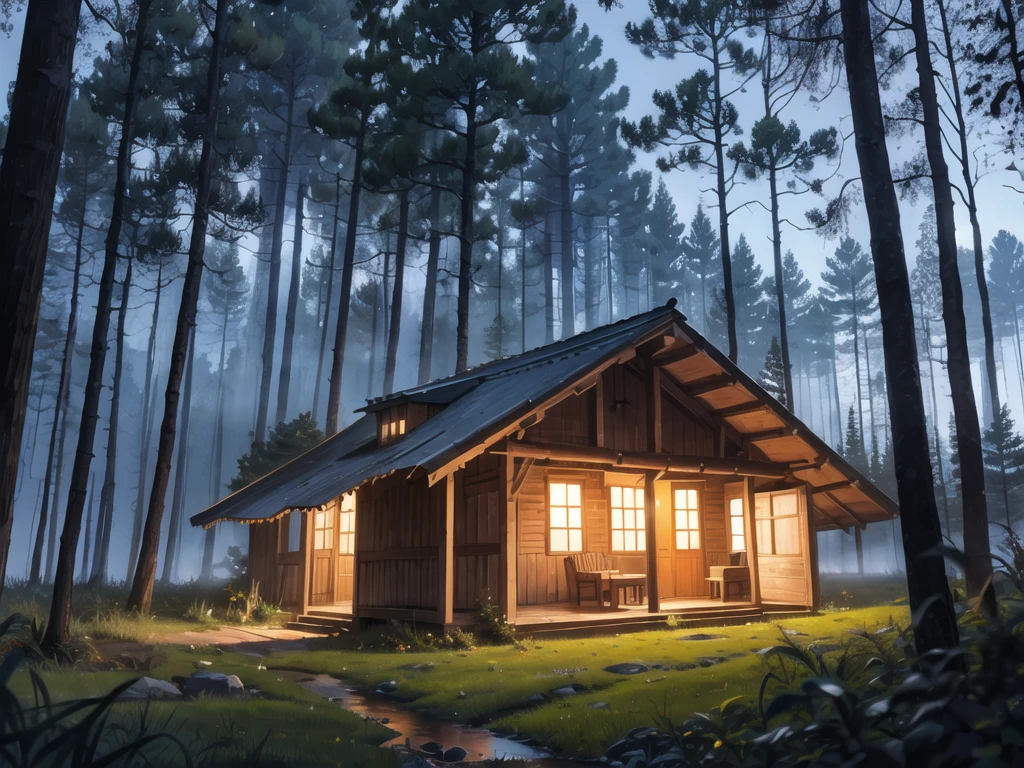 In the middle of the forest, at night, a hut