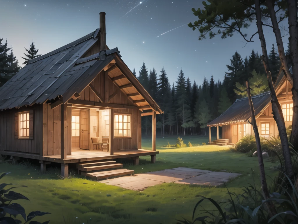 In the middle of the forest, at night, a hut