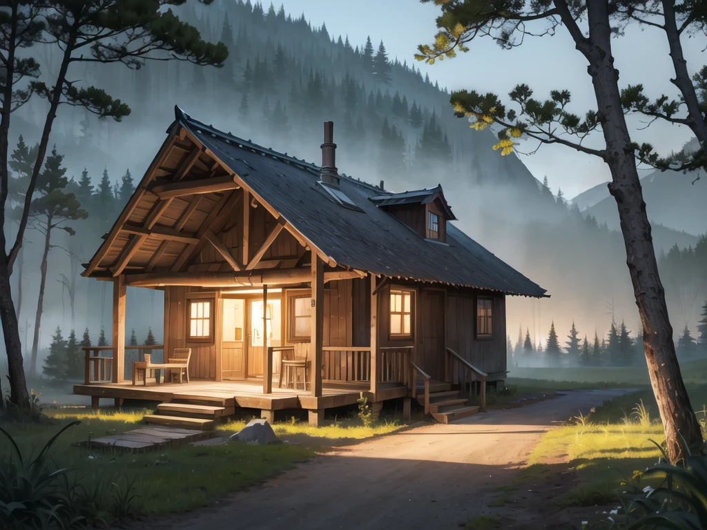 In the middle of the forest, at night, a hut
