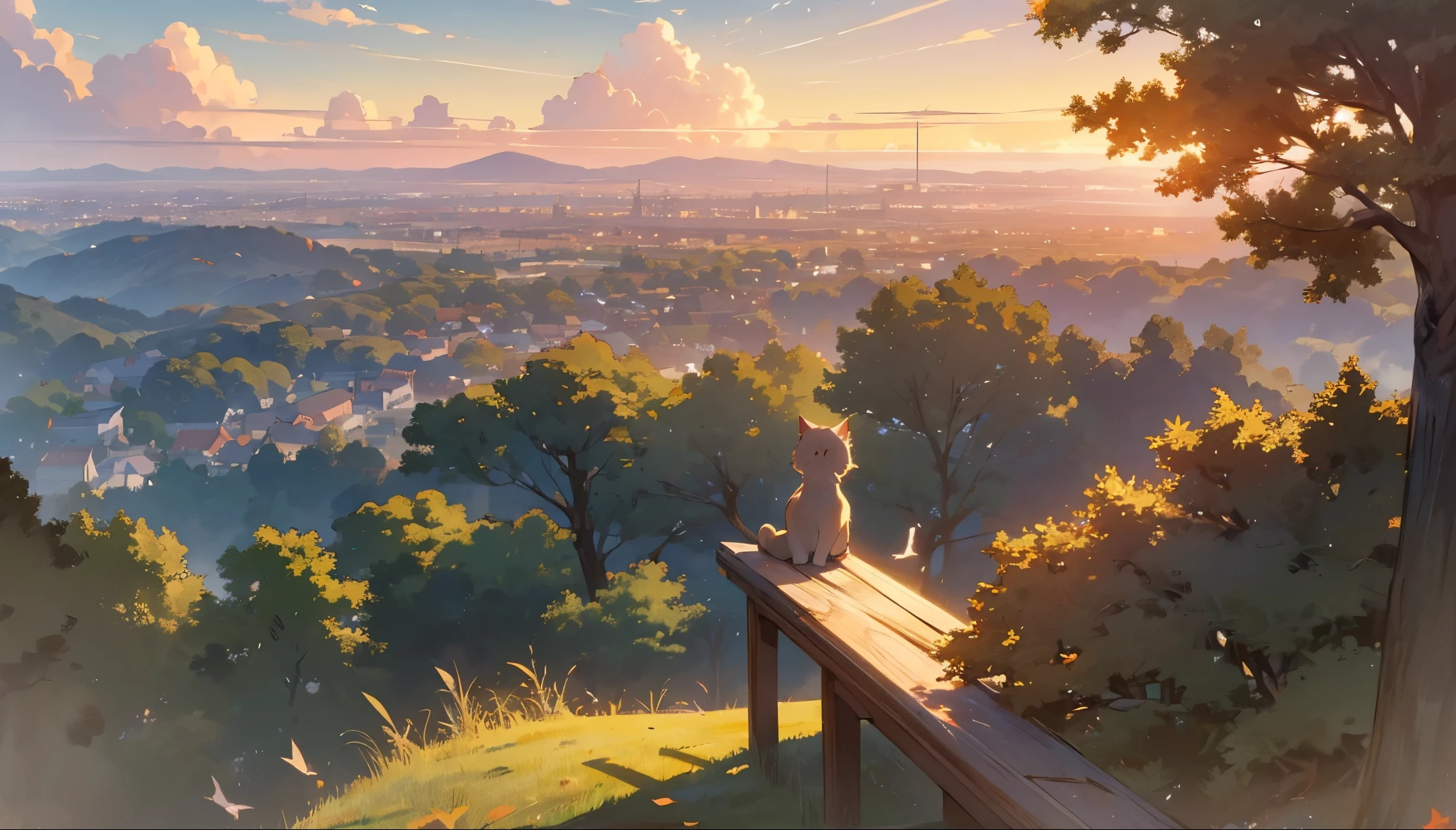 ((detailed anime style masterpiece)), sunset, Japanese city, a top view to a Ghibli style low detailed sweet cat sitting on a bench in a park, people walking around, beautiful evening atmosphere, beautiful trees and grass, detailed pleasant clouds, several birds in the air, also leaves falling from trees, (best quality,4k,8k,highres,masterpiece:1.2), detailed grass, detailed clouds, detailed birds, detailed falling leaves, muted colors, warm lighting, golden hour