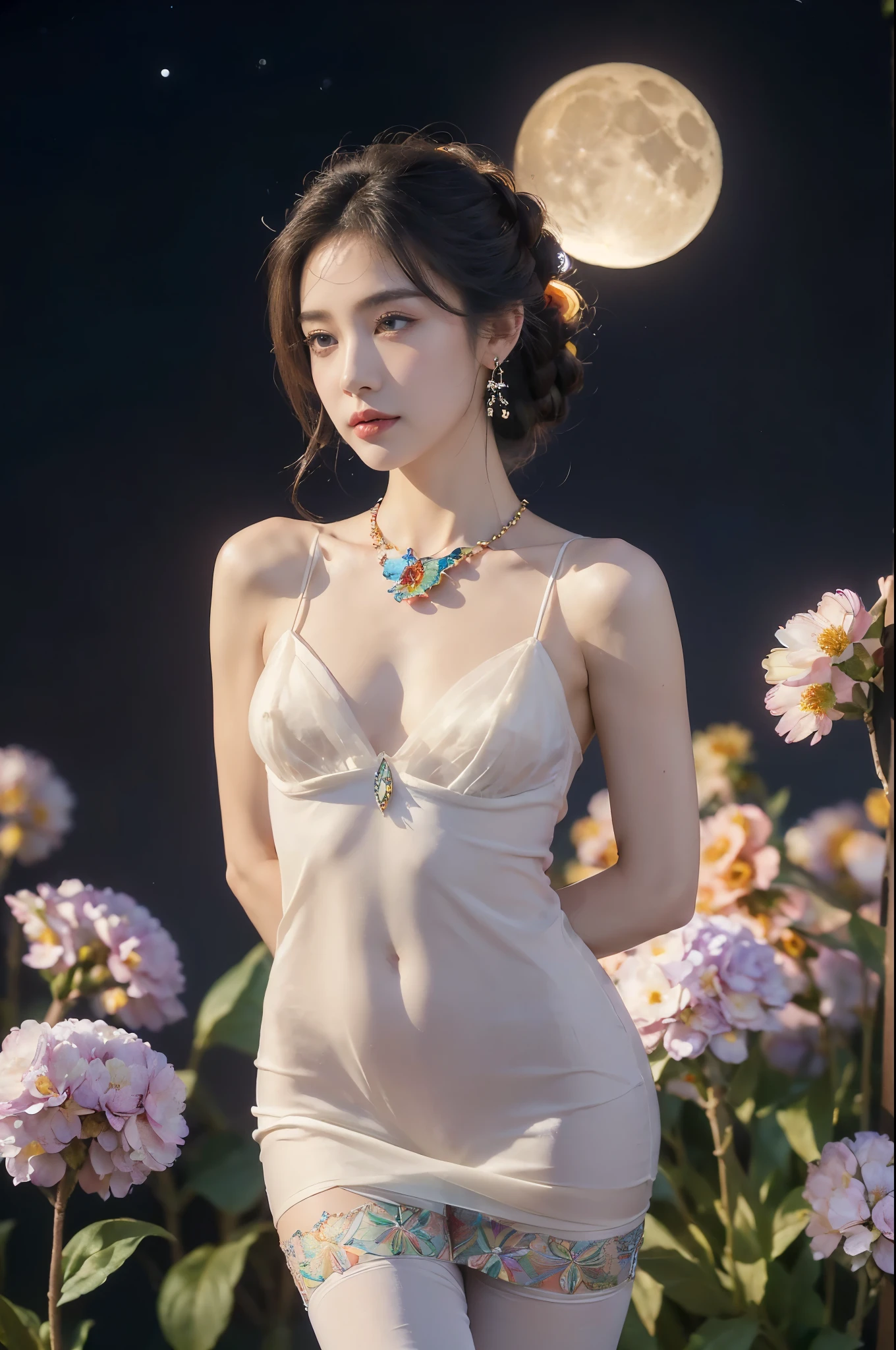 (((best quality))),(((ultra detailed))),(((masterpiece))),illustration,((1 beautiful girl,solo)),(neat chignon:1.2),((earrings,crystal necklace)),((slim,thin)),((small breasts,flat chest)),(slender legs:1.2),(stockings:1.3),(a moon in the clear night sky as the background:1.3), gentle glow,(Standing in the world full of vibrant flowers:1.3),(arms behind back:1.2),(gorgeous sheer dress:1.3),sparkling eyes,graceful,(surrounded by crowded colorful flowers:1.5), kaleidoscope, shimmer,bright moonlight, delicate petals, fragrance, otherworldly, magical realm, enchantment, tranquility, essence of beauty, peace,(outdoor:1.),(night scene:1.3),((from front,upper body))