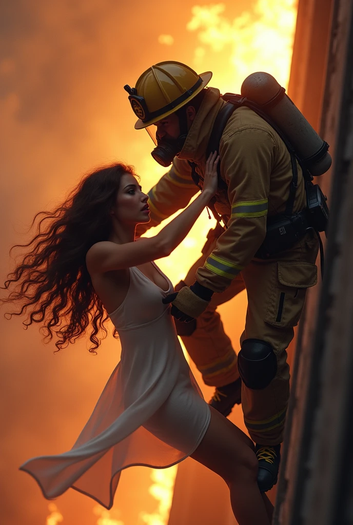 (photorealism:1.2), a firefighter rescuing a sexy curly brown hair woman from a ledge 