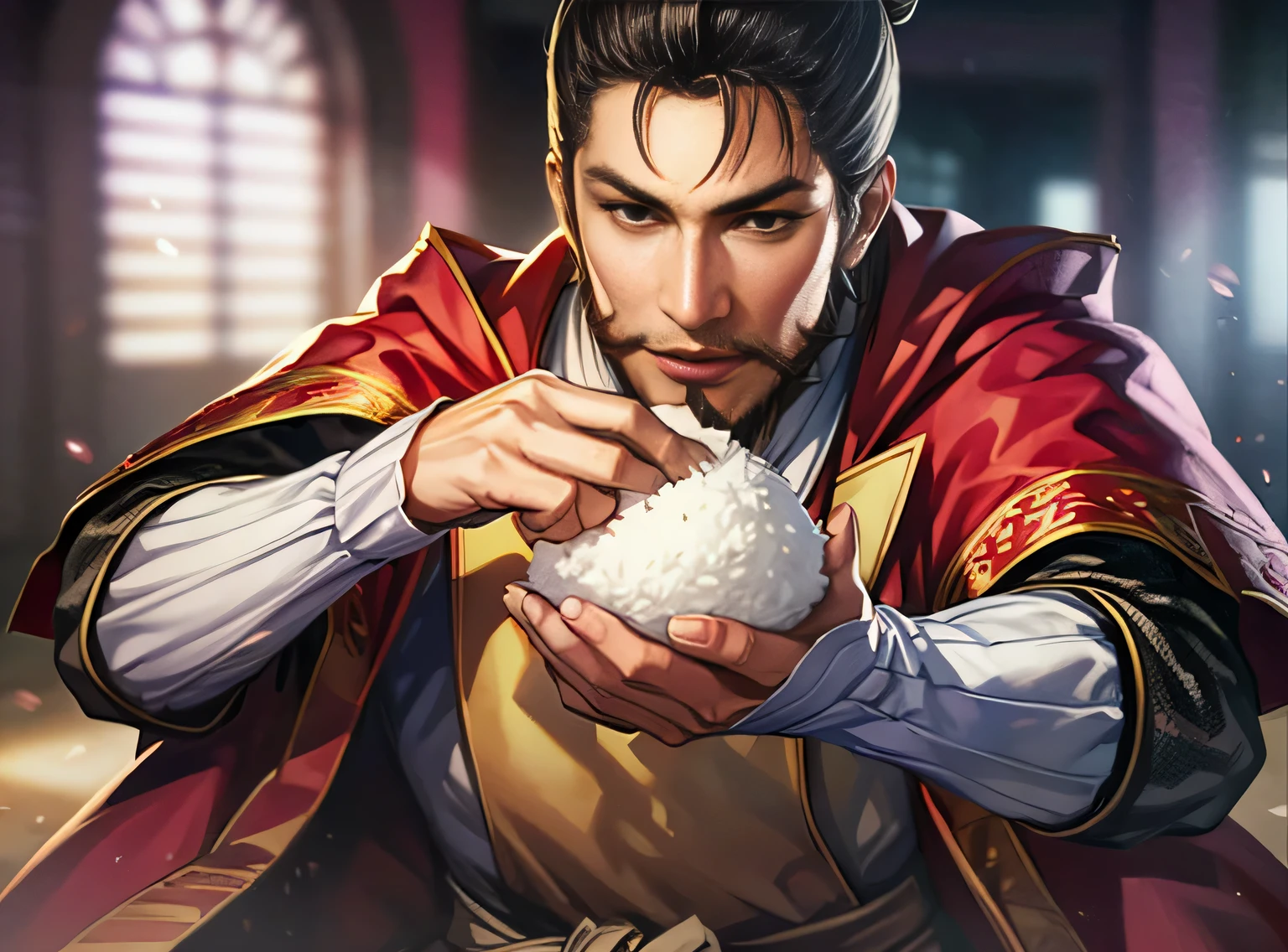 Hyperrealist male portrait by David Hockney and Alphonse Mucha, fantasy art, realistic, dynamic lighting, art station, poster, volumetric lighting, highly detailed face, low-key, cowboy shot, beautiful boy: 1.2, wild handsome man, ((holding rice in his right hand)) ((opening his mouth)), (eating rice as is), (warrior: 1.3, armor, flashy sash: 1.3, beard, topknot: 1.1, long black hair), fearless smile: 1.1, teasing