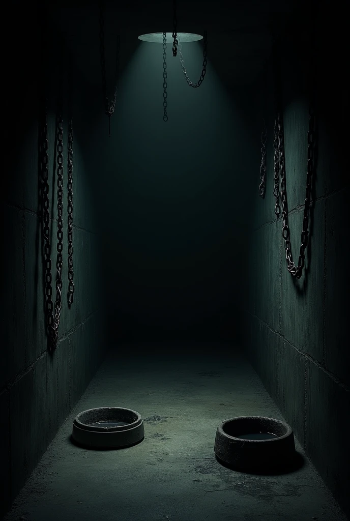 A dark cellar, black and wet with two water bowls on the floor for animals and chains on the wall 