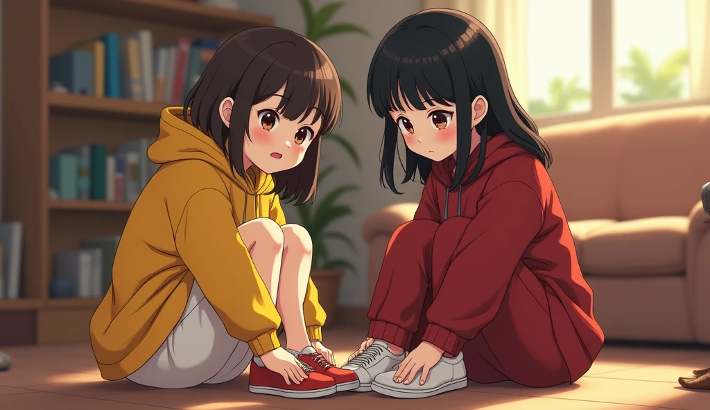 Two older girls, one in yellow and the other in red., Try to put on shoes, house background