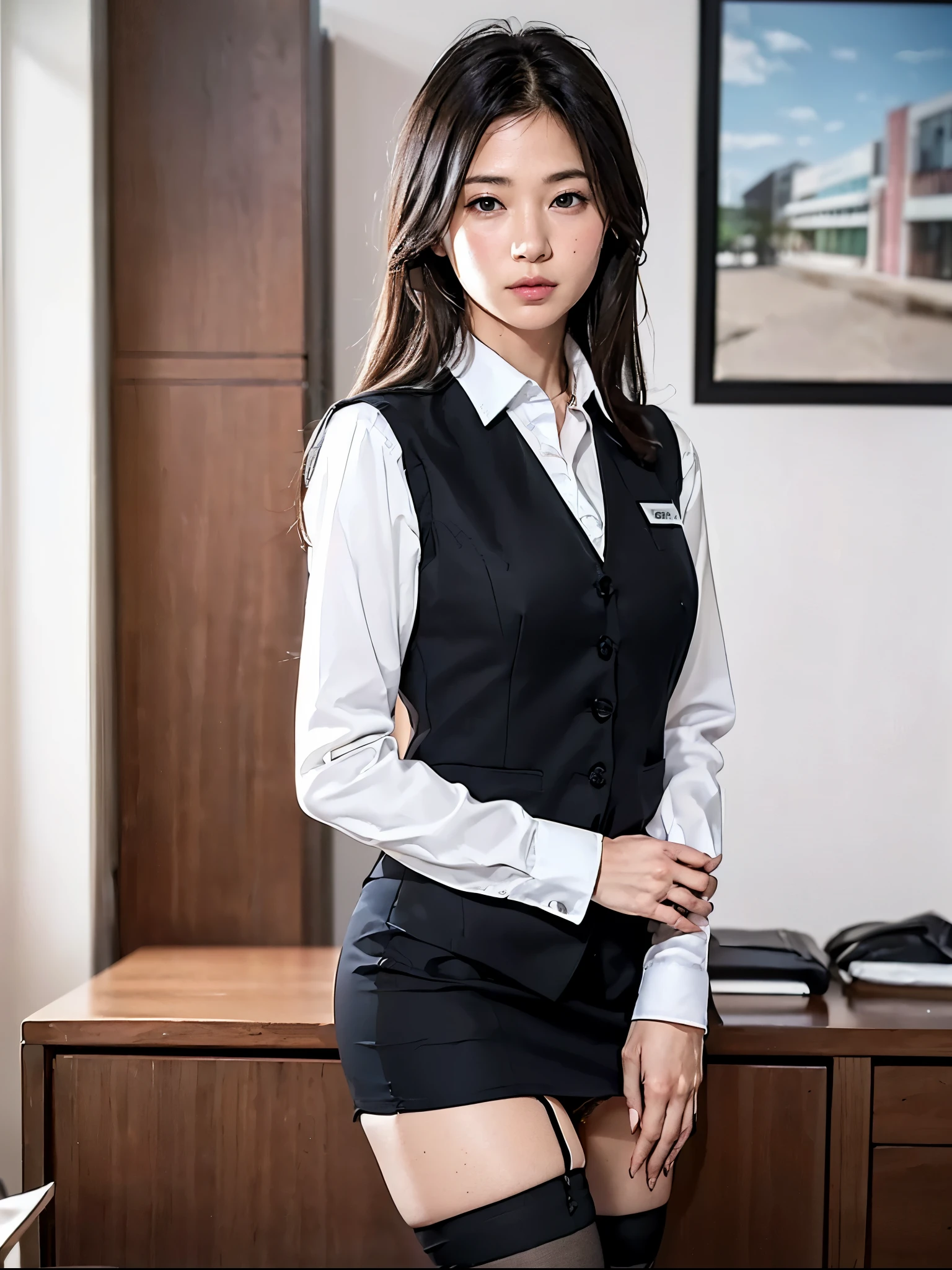 8k, RAW Portrait, (Japanese Mature, alone), masterpiece、Photorealistic:1.2、Realistic, Ultra-high resolution, Highest quality, Real Life Photos ,( in the evening :1.1), ((((1 female:1.5)))), (((Two girls showing off their panties In the room)))、(Cute Face:1.3)、Japanese women, alone, ((office lady))、((本物のoffice lady)), ((business art:1.6)), ((White business shirt:1.7, Black business vest:1.7, Black mini skirt:1.7, Thin black realistic stockings:1.7)), BREAK, Slender body, Shoulder-length straight hair, In the room, big, beautiful, beautiful目, Brown Hair, (Written boundary depth:1.3)、 ((Dark brown eyes:1.2))、(Realistic skin texture:1.3), (Viewer:1.4)、((Embarrassed look:1.4))、((Red cheeks:1.3)), BREAK, ((From belowの天井:1.2))、(smile:0.7)、((She's wearing tiny white silk panties:1.7))、((Panty shot:1.5))、((A woman rolling up her skirt:1.7))、((From below:1.8, From below見た天井:1.8))、((Crotch close-up:1.52))、((Pictures that emphasize pussy))、the most beautiful woman in the world、the most beautiful woman in the world、((Spread your legs out to the side:1.8))、