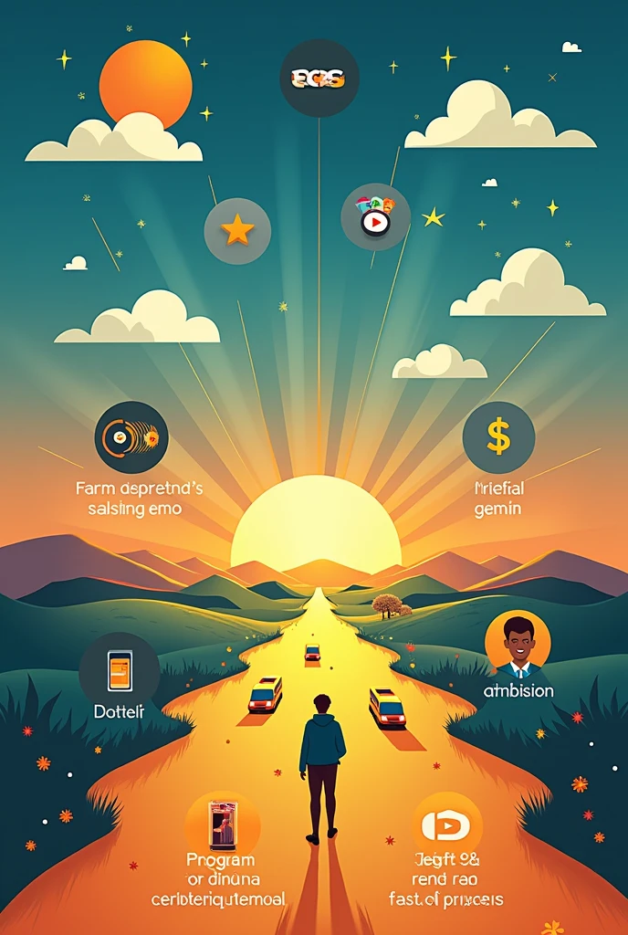 "Design a motivational phone wallpaper that clearly represents the following goals with large, prominent symbols and text.Background:Use a gradient background that transitions from Dark Blue at the top (for focus and academic achievements) to Gold at the bottom (for financial success and prosperity).Central Symbols and Layout:CFA Exams: Use a large Diploma Icon or Graduation Cap Icon prominently near the top center, symbolizing passing all levels of the CFA exams on the first attempt.YouTube Subscribers: Include a prominent YouTube Play Button Icon or Subscriber Count Icon in the upper center, indicating the goal of achieving 2 million subscribers by 11/4/2027.Financial Success: Place a large Dollar Sign Icon or Money Bag Icon in the center, symbolizing the goal of earning 1 lakh crore dollars by 1/1/2029.Farmland and Buses: Feature a prominent Farmland Icon or Farm Icon along with a Bus Icon in the lower central area, representing owning 500 acres of farmland and a fleet of 100 Volvo luxury buses by 1/1/2035.Network: Use a Network or Connections Icon near the bottom right, symbolizing having the largest network of connections.Text:Include bold, readable text next to each icon:CFA Goal: "Pass All Levels – 1st Attempt"YouTube Goal: "2 Million Subscribers by 11/4/2027"Financial Goal: "Earn 1 Lakh Crore by 1/1/2029"Farmland & Bus Goal: "500 Acres & 100 Buses by 1/1/2035"Network Goal: "Largest Network"Overall Design:Ensure that the design is clean and visually appealing with large, distinct symbols and legible text. Each goal should be easily identifiable and separated clearly to make the wallpaper both motivational and informative."