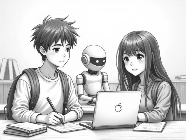 Laptop and Robot, Students taking the test, man 1, Woman 2, happy expression, serious expression, Natural and Difficult Classroom Background, Pencil sketch