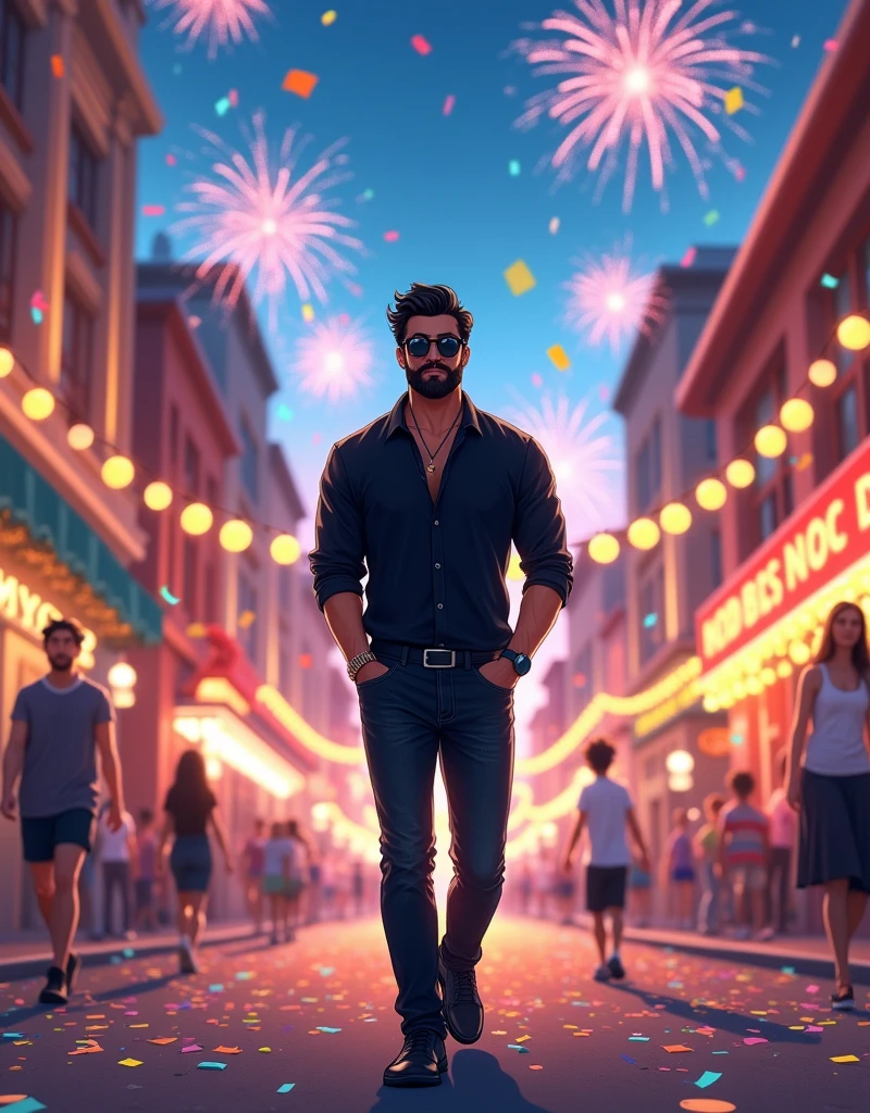 Create a anime style landscape image. Vibrant and dynamic image featuring a man walking confidently down a festive street. The man has a medium skin tone, a full beard, and dark, wavy hair. He is wearing a black shirt and black jeans pant, black shoes, black sunglass. The background is filled with colorful confetti and fireworks, creating a celebratory atmosphere. The street is illuminated with bright lights, and there are buildings and decorations visible on both sides. The overall scene is lively and energetic, capturing a moment of joy and celebration.